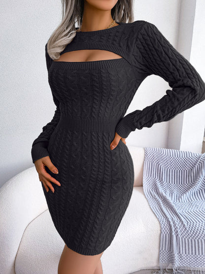 Solid Ribbed Knit Keyhole Dress, Elegant Crew Neck Long Sleeve Bodycon Dress, Women's Clothing