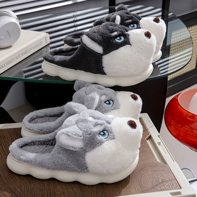 Unisex Husky Cartoon Slippers | Plush Fabric Indoor/Outdoor Slip-On Shoes with EVA Sole | Cozy Winter Footwear for Men & Women | Cute Animal Design | Warm, Comfortable Home Slippers for Autumn and Winter, Indoor Slippers