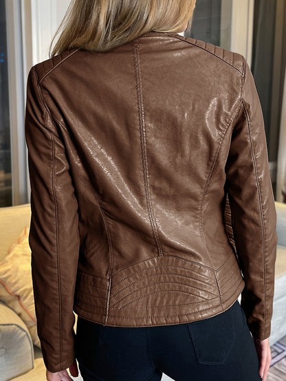 Faux Leather Zip-up Jacket, Stylish Long Sleeve Zip Pockets Biker Jacket For Spring & Fall, Women's Clothing