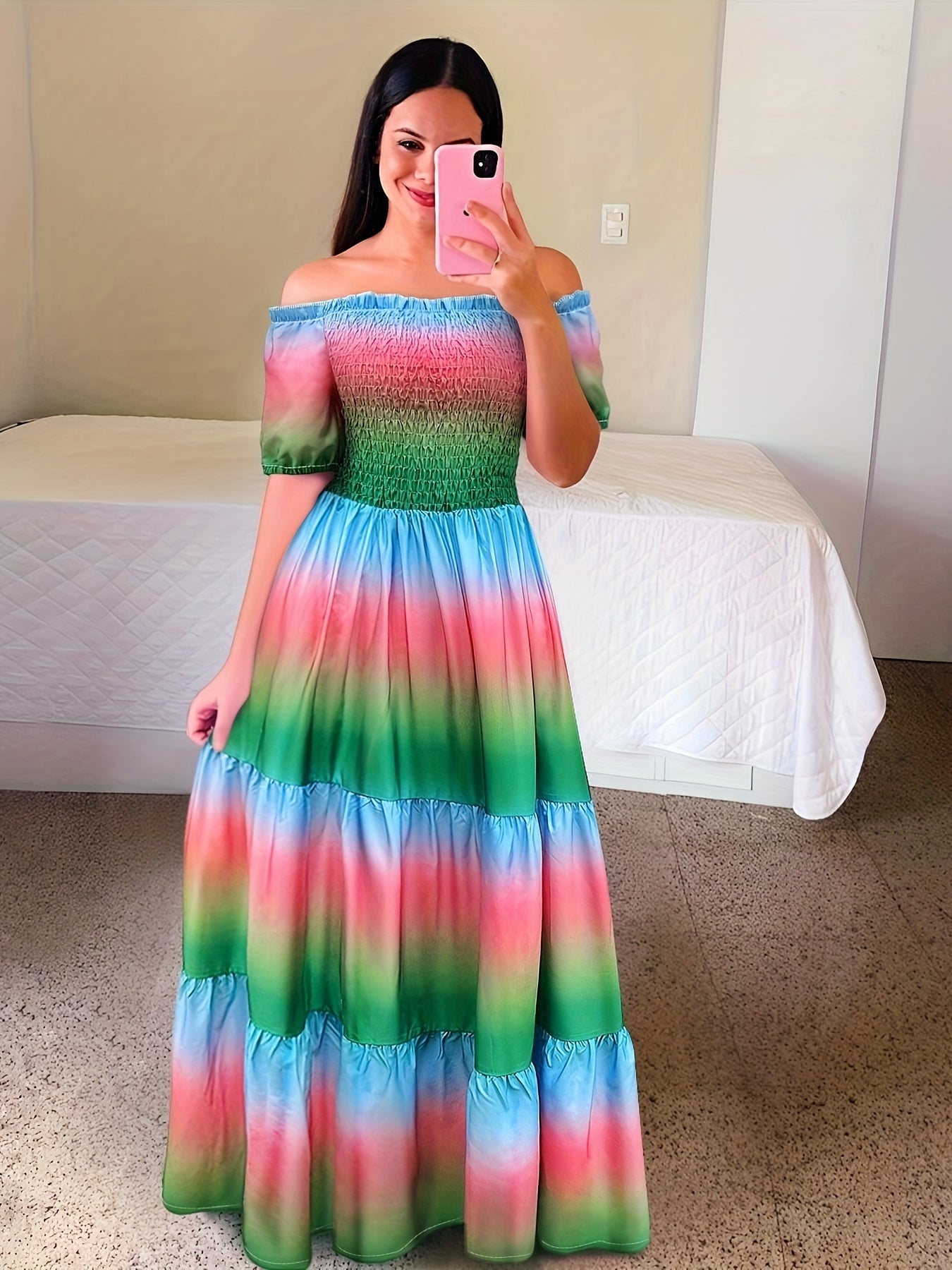 Gradient Print Tiered Dress, Casual Off Shoulder Shirred Party Dress, Women's Clothing