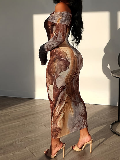 Tie Dye Off Shoulder Dress, Elegant Long Sleeve Bodycon Dress For Party & Club, Women's Clothing Wedding occasion engagement party ceremony