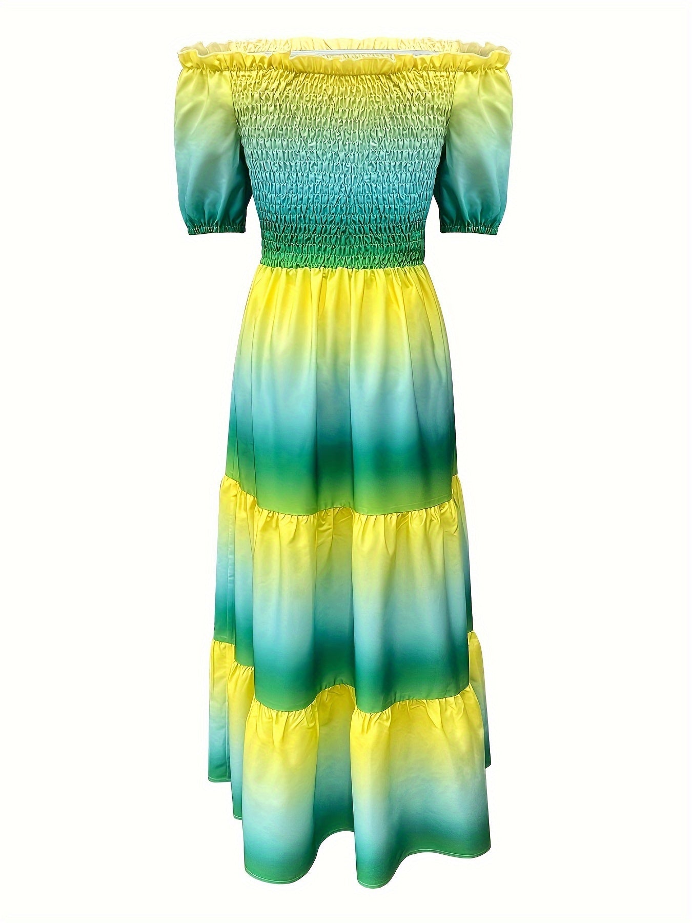 Gradient Print Tiered Dress, Casual Off Shoulder Shirred Party Dress, Women's Clothing