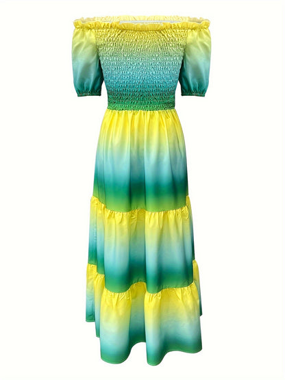 Gradient Print Tiered Dress, Casual Off Shoulder Shirred Party Dress, Women's Clothing