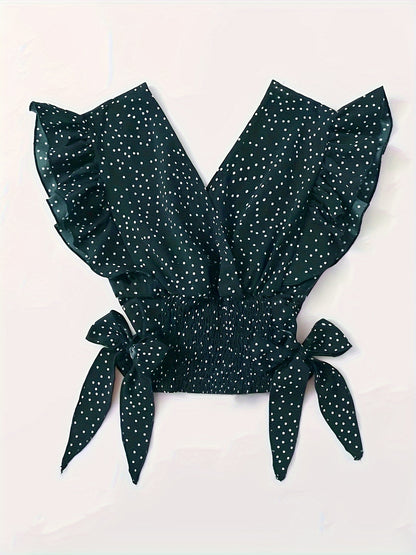 Vibrant Allover Print Blouse with Chic Bow Accent - Flattering Surplice Neck & Ruffled Waist - Womens Casual Fashion