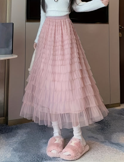 Multilayer Ruffles Tulle Skirt, Casual Fluffy Skirt For Spring & Summer, Women's Clothing