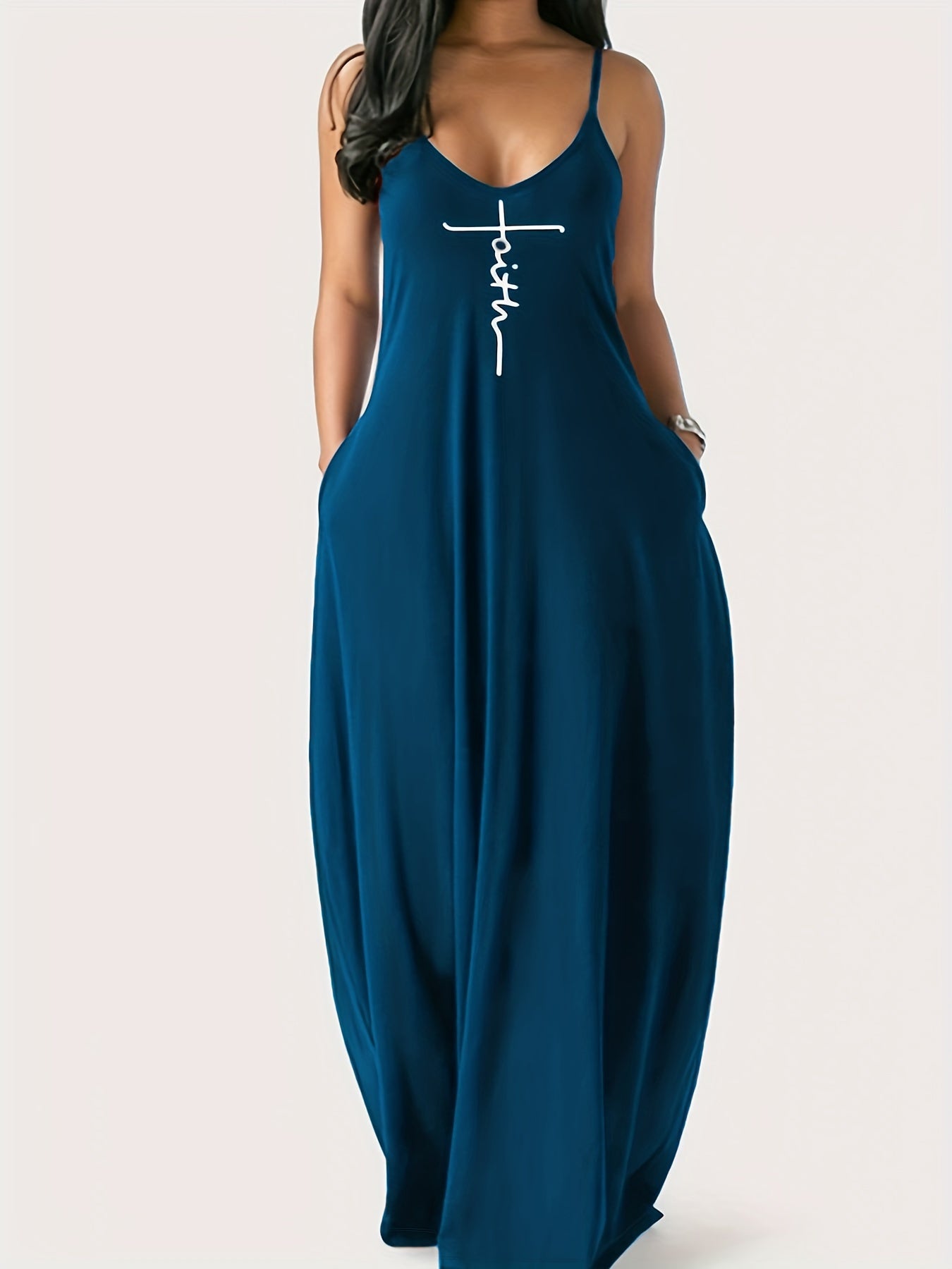 Faith Print Backless Dress, Casual Spaghetti Strap V Neck Loose Dress, Women's Clothing