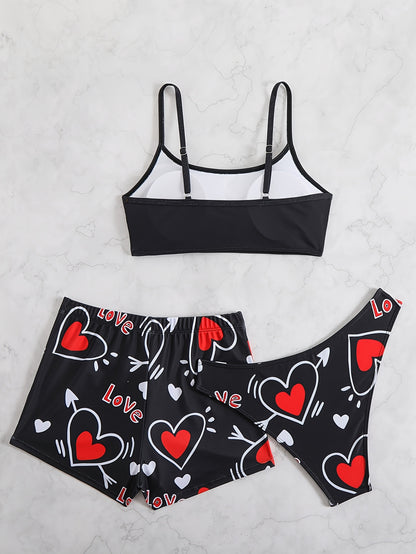 Women'S 3pcs Bikini Set, Sexy High Stretch Knit Fabric, Polyester 82% Elastane 18%, All Over Heart Print, Love My Boyfriend & Love Pattern, 200g/m², for Running & Swimming