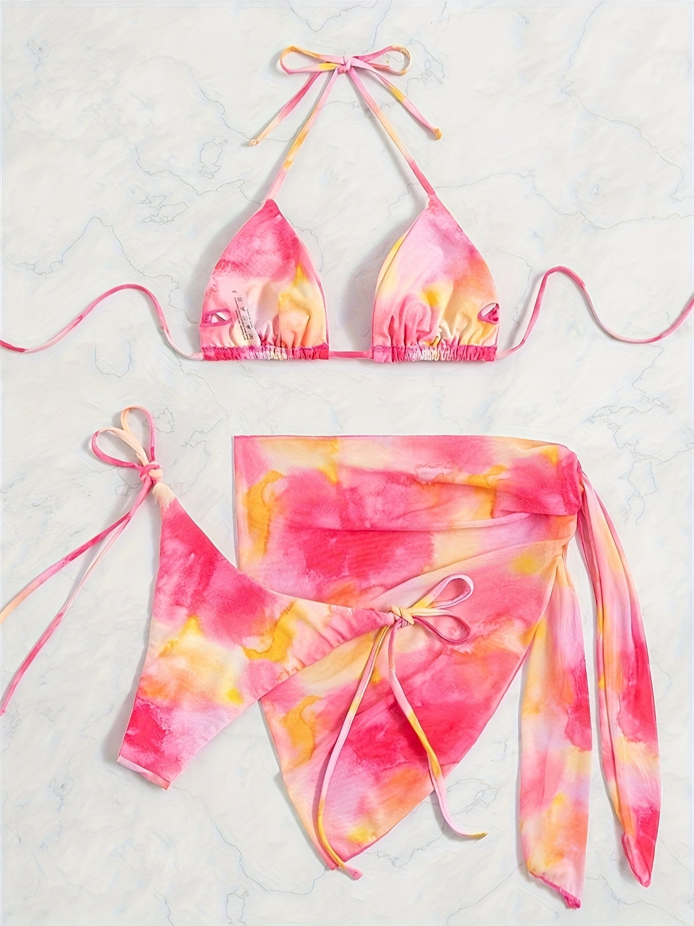 Vibrant Tie Dye Halter Bikini Set - Adjustable 3 Piece Swimwear with Backless Triangle Top & Flowy Cover Up Wrap for Women