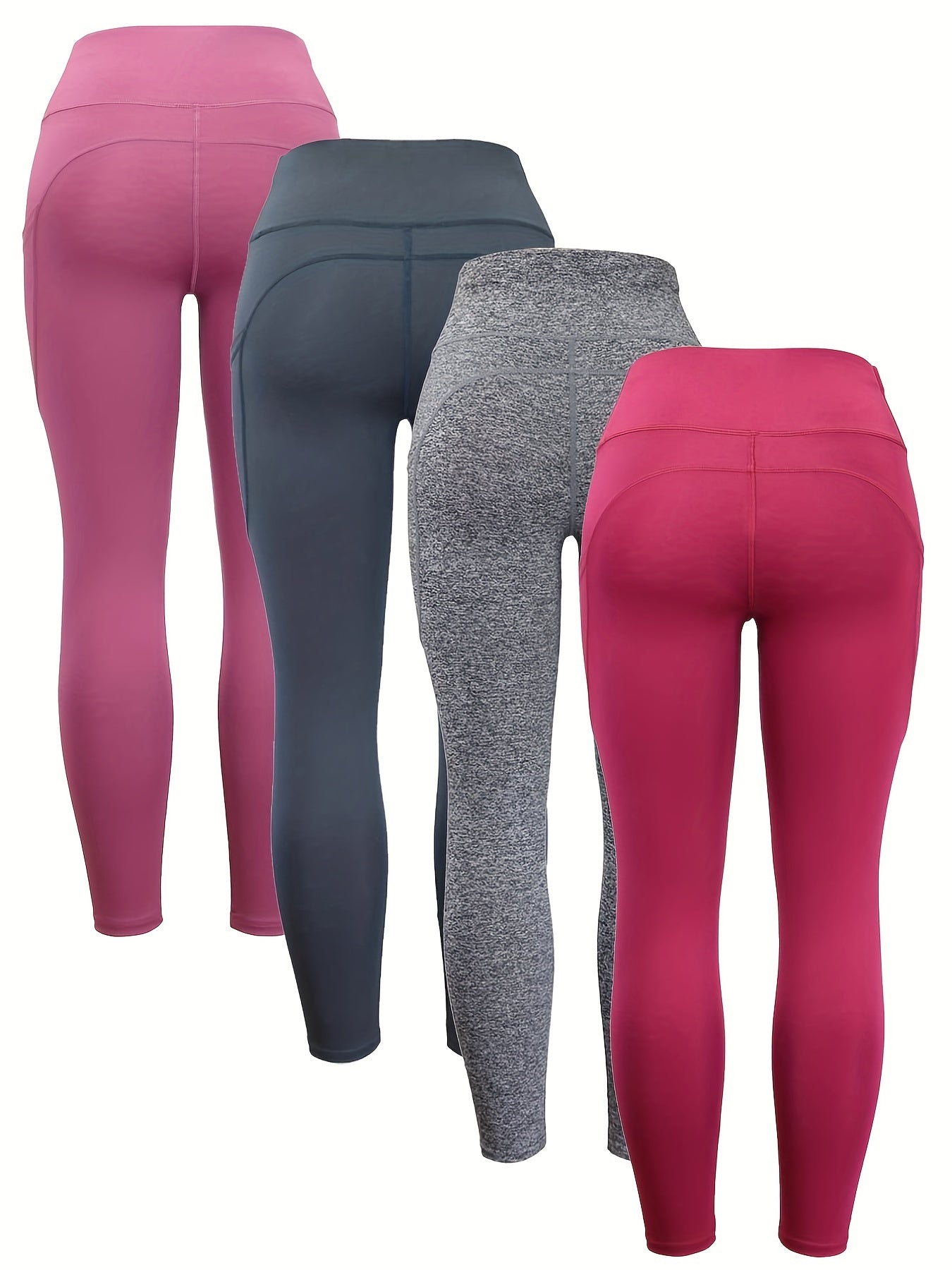 4pcs High Waist Yoga Leggings With Pocket For Women, Solid Color, Tight Fit, Women's Activewear