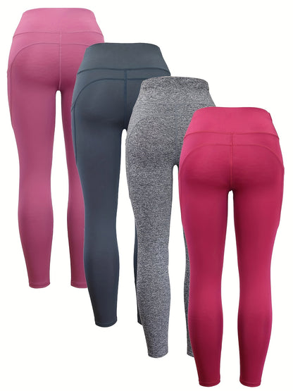 4pcs High Waist Yoga Leggings With Pocket For Women, Solid Color, Tight Fit, Women's Activewear