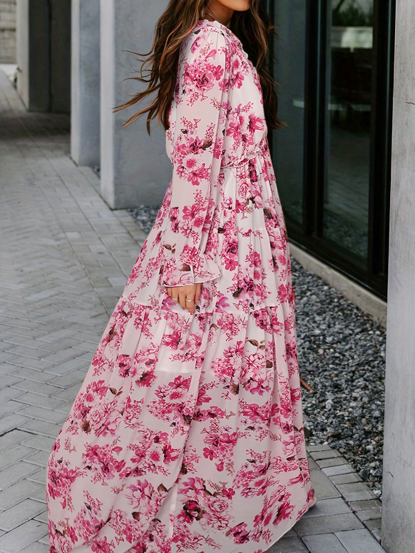 Lightweight Chiffon Floral Maxi Dress for Women - V-Neck, Long Sleeve, Layered Ruffle Hem, Bell-Bottom Maxi with Adjustable Waist Cincher, Perfect for Spring/Summer/Fall Vacations, Vacation Dress | Flowing Maxi Dress | Flowin