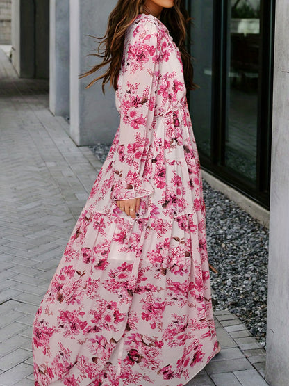 Lightweight Chiffon Floral Maxi Dress for Women - V-Neck, Long Sleeve, Layered Ruffle Hem, Bell-Bottom Maxi with Adjustable Waist Cincher, Perfect for Spring/Summer/Fall Vacations, Vacation Dress | Flowing Maxi Dress | Flowin