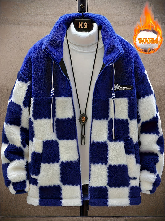 Men's Warm Thick Fleece Coat, Palid Cardigan Overcoat For Fall Winter