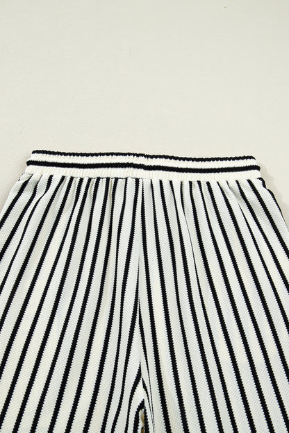White Stripe Ruffle Trim Drop Shoulder Top Drawstring Loose Pant Set