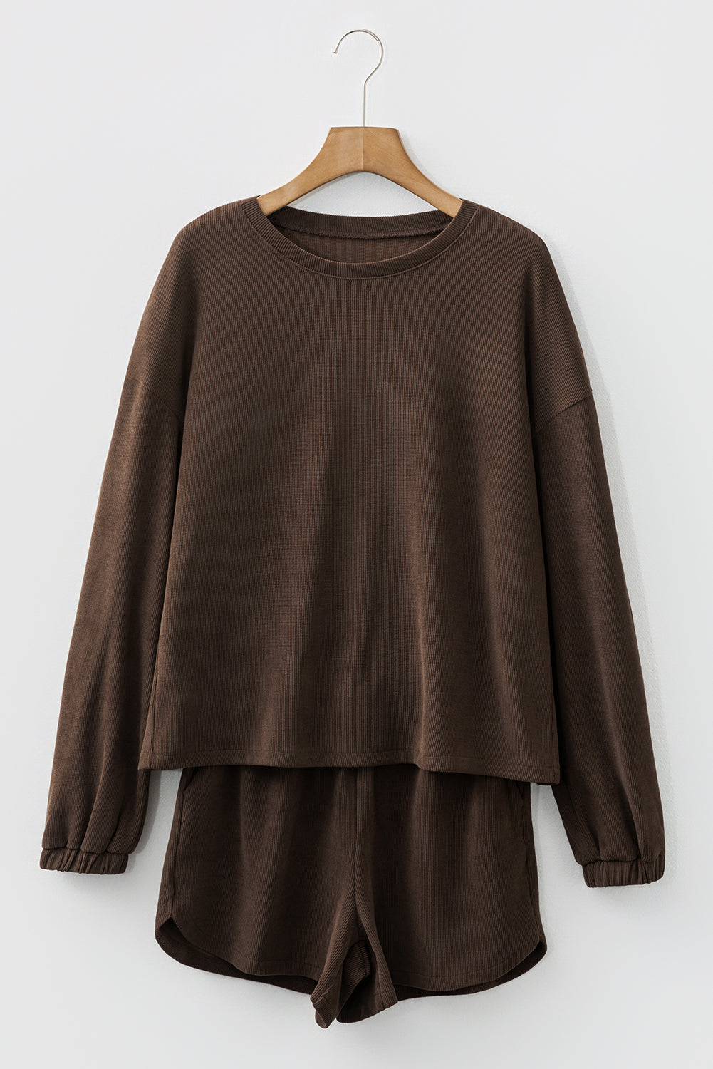 Dark Brown Solid Color Textured Knit Drop Shoulder Pullover Drawstring Shorts Set