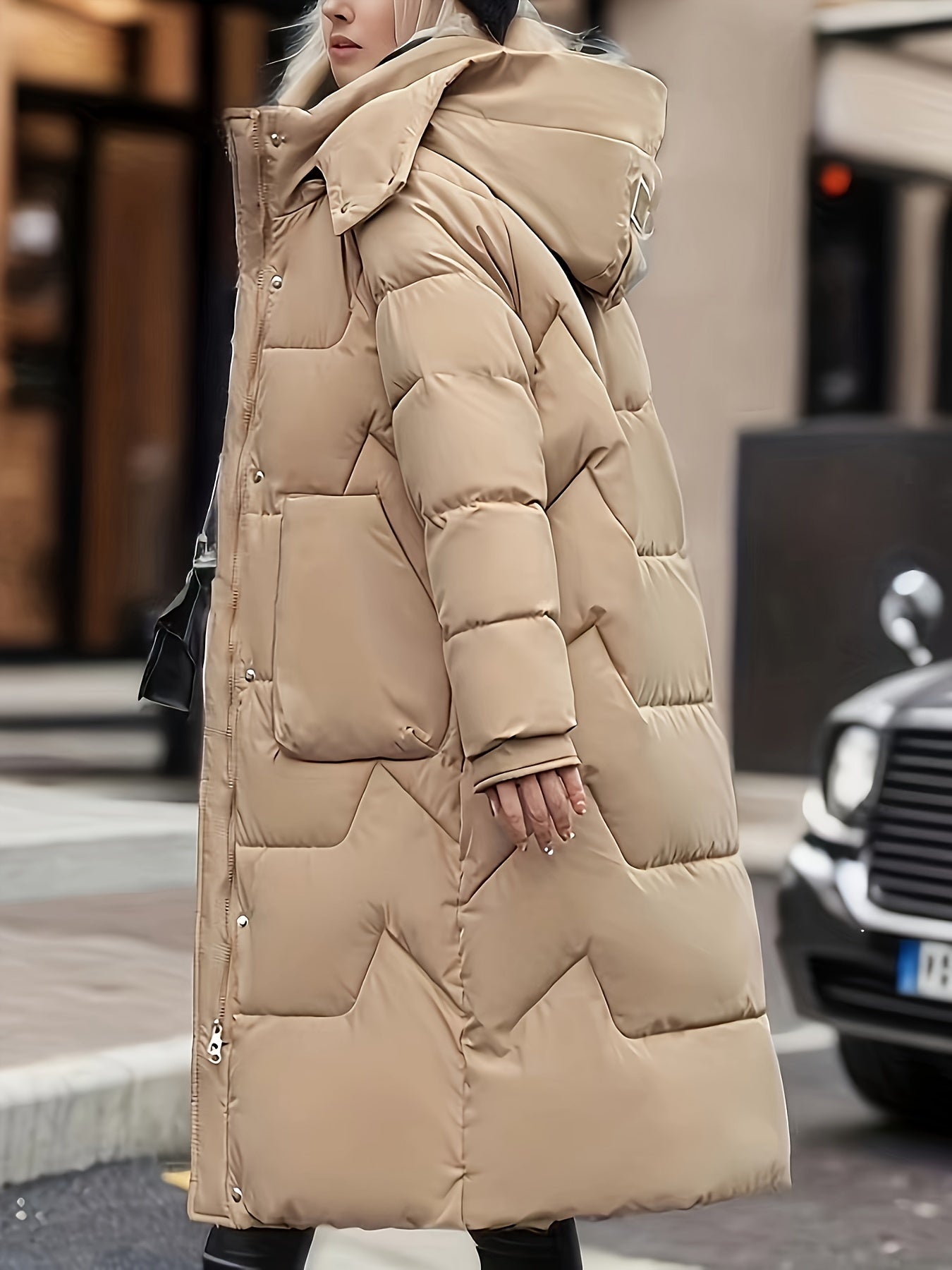 Women's Light Green Long Winter Coat - Warm Casual Padded Jacket with Zippered Pockets, Hood, and Adjustable Drawstrings for Holiday Style, Winter Clothes