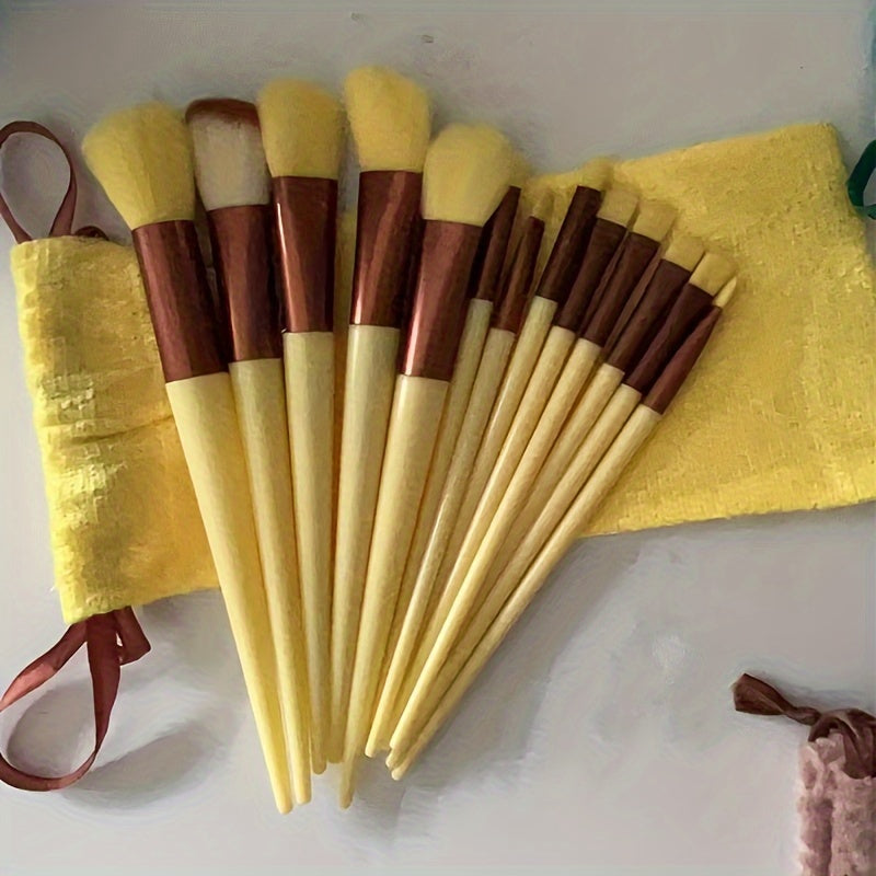 Luxurious 13pcs Golden Makeup Brush Set Includes Perfect Soft Pouch - Premium Pinkish Hue Cosmetic Implements with High-Quality Fibers for Flawless Application, Portable Case