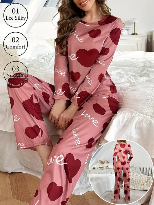 Women'S Cute Heart Print Long Sleeve Pajama Set, Polyester Knit Fabric, Comfortable Loose Fit, with Elastic Waist Pants and Smooth Long-Sleeve Top, for Fall/Winter Lounge Sleepwear Set