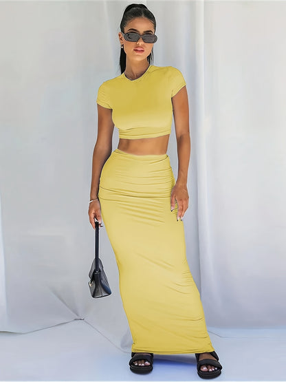 Chic Solid Two-piece Set - Comfortable Crew Neck Crop Top & Stretchy Bodycon Skirt - Womens Casual Fashion Outfit for Everyday Chic