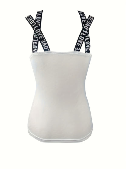 Letter Tape Skull Print Top, Sleeveless Casual Tank Top, Women's Clothing