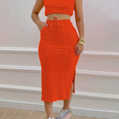 Solid Casual Two-piece Set, Sleeveless Tank Top & Drawstring Split Skirts Outfits, Women's Clothing