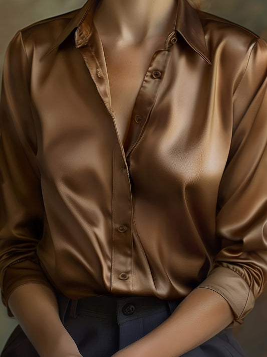 Elegant Black Satin Long Sleeve Women'S Blouse - Smooth Fabric, Button-Up Front, Regular Fit for Casual or Formal Occasions | All-Season Fashion Design