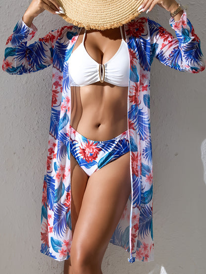 Women's Floral Print Sexy Bikini Swimsuit With Cover-up, 3-Piece Set, Tropical Pattern, Summer Beachwear