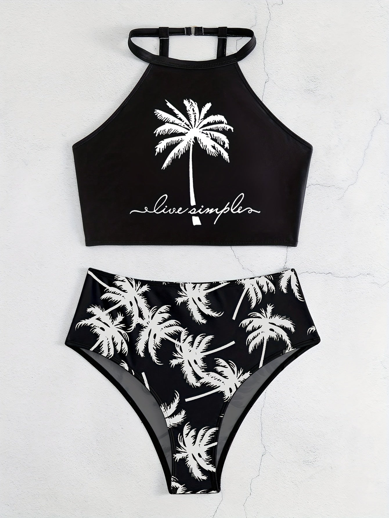 Chic Coconut Tree Print Bikini Set for Women - High Stretch, Comfort Fit Swimwear with High-Waist Bottoms