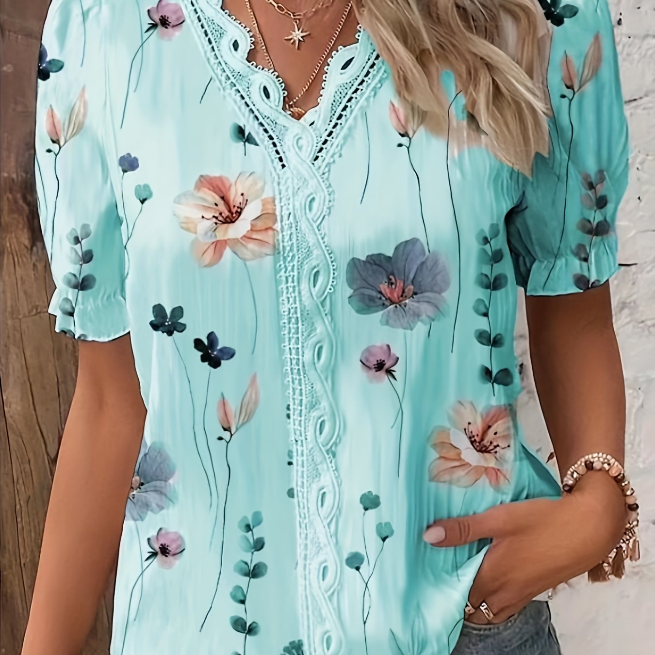 Floral Print V Neck Lace Trim Blouse, Boho Puff Sleeve Blouse For Summer, Women's Clothing