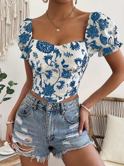 Floral Print Sweetheart Neck Blouse, Elegant Short Puff Sleeve Hanky Hem Shirred Crop Top For Spring & Summer, Women's Clothing