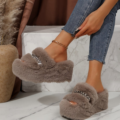 [Sparkling Rhinestone Slippers] Plush Faux Fur Sparkling Rhinestone-Decorated Slippers | Women's Slip-On with Thick Cushioned Rubber Sole & Sloped Heel | All-Season Indoor House Shoes for Warmth & Comfort (Black/Grey/White)