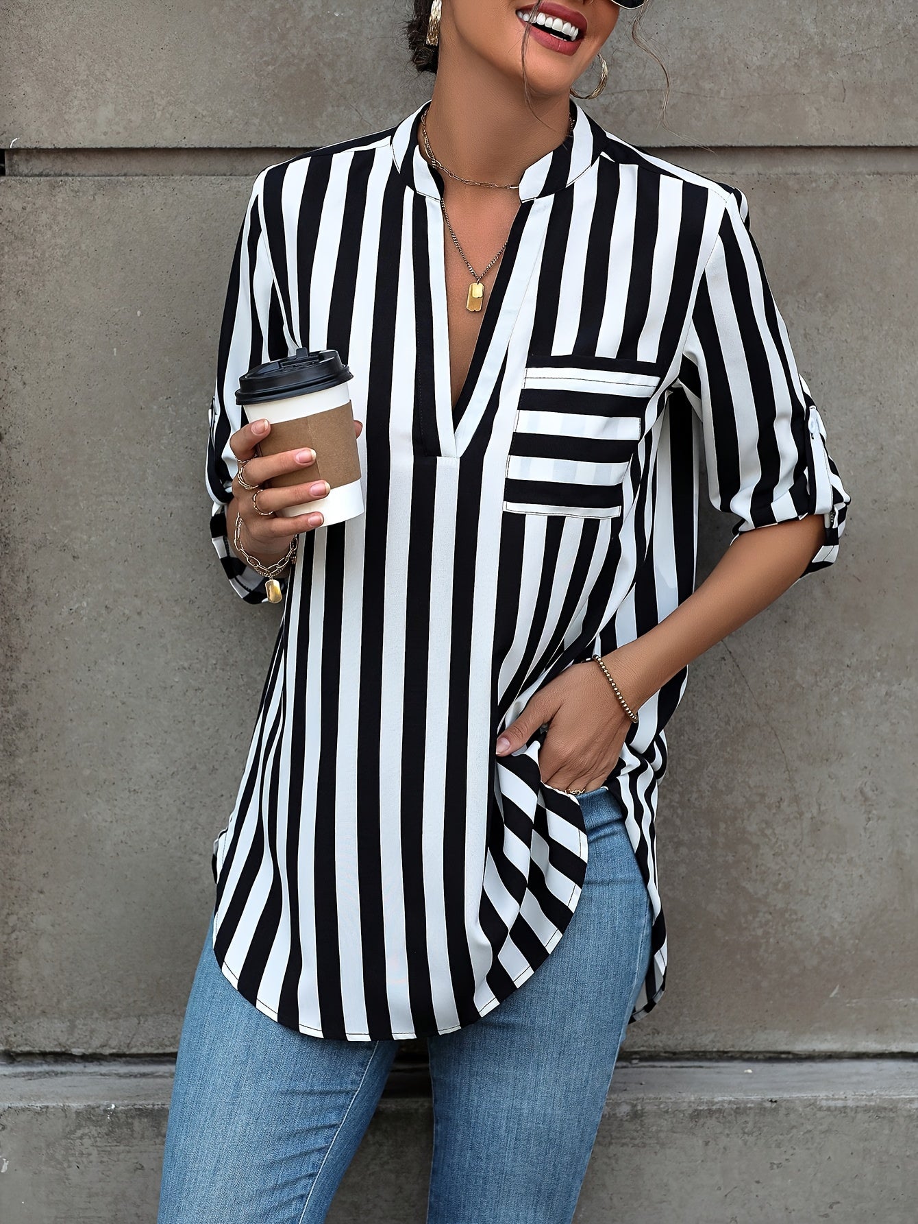 Vibrant Striped Loose Fit Blouse - Notched Neck, Roll Up Sleeves, Casual Chic for Spring & Fall, Comfortable Women's Clothing for Everyday Wear