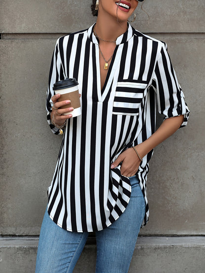 Vibrant Striped Loose Fit Blouse - Notched Neck, Roll Up Sleeves, Casual Chic for Spring & Fall, Comfortable Women's Clothing for Everyday Wear