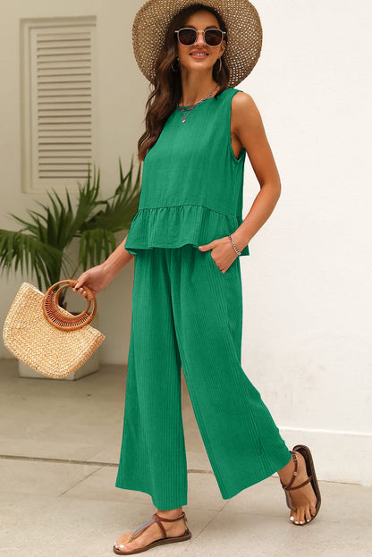 Green Solid Color Ribbed Ruffle Tank Top and Pants Set