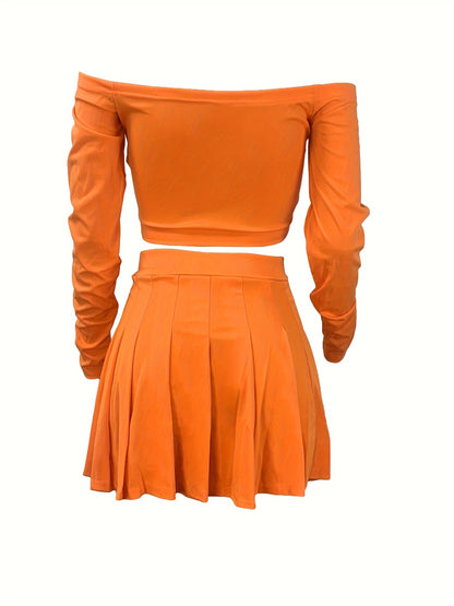 Solid Elegant Two-piece Set, Off Shoulder Long Sleeve Crop Top & Pleated Mini Skirt Outfits, Women's Clothing
