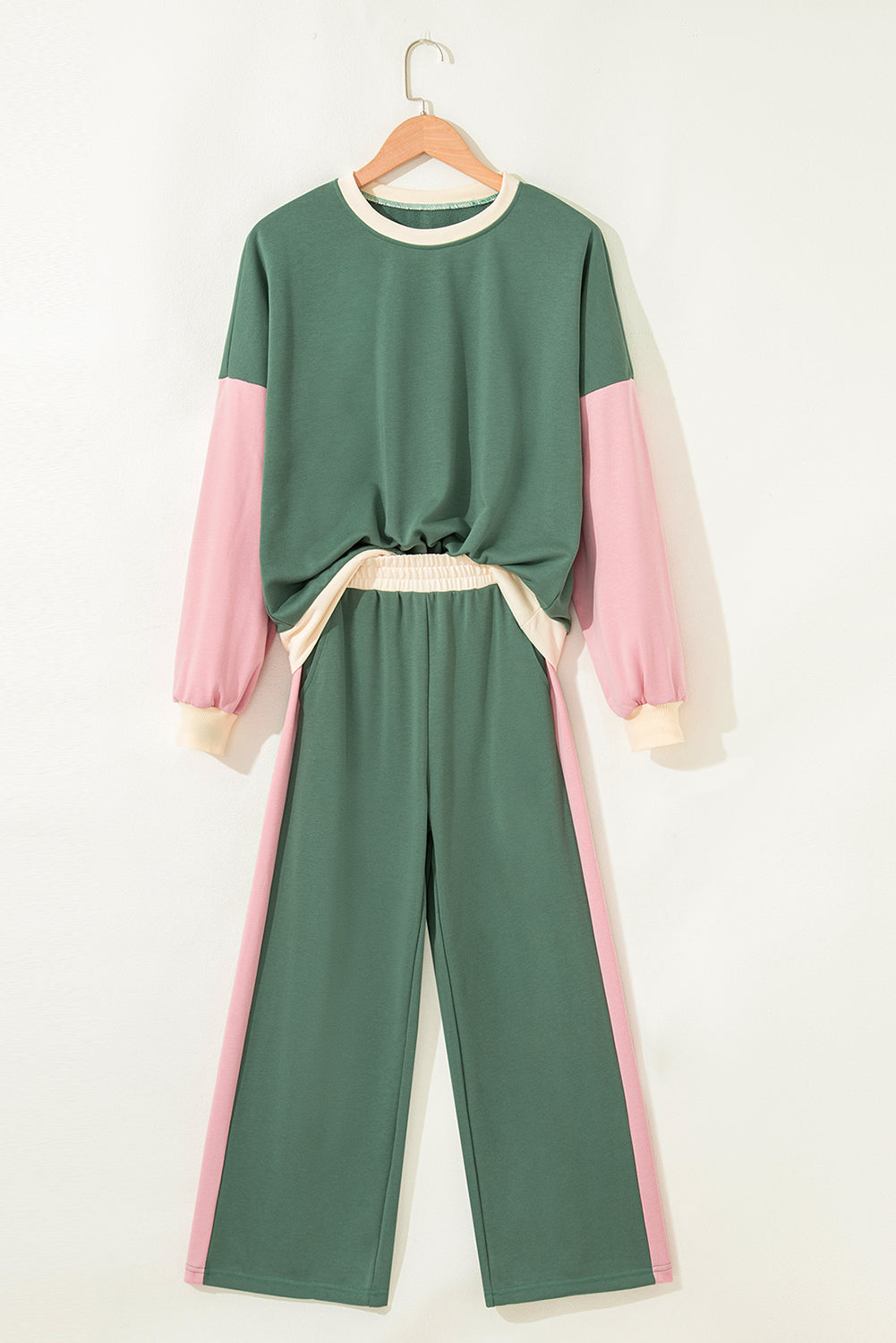 Mist Green 2pcs Color Block Pullover Loose Pant Set