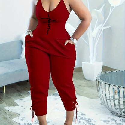 Chic Faith Print Spaghetti Strap Jumpsuit - Sleeveless and Breathable with Dual Pockets, Perfect for Spring & Summer Wear