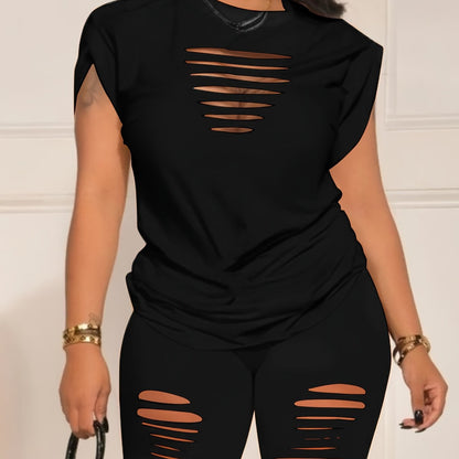 Chic Ripped Solid Two-piece Set - Crew Neck Short Sleeve Tee & Slim Shorts Outfit - Trendy Womens Casual Summer Wear