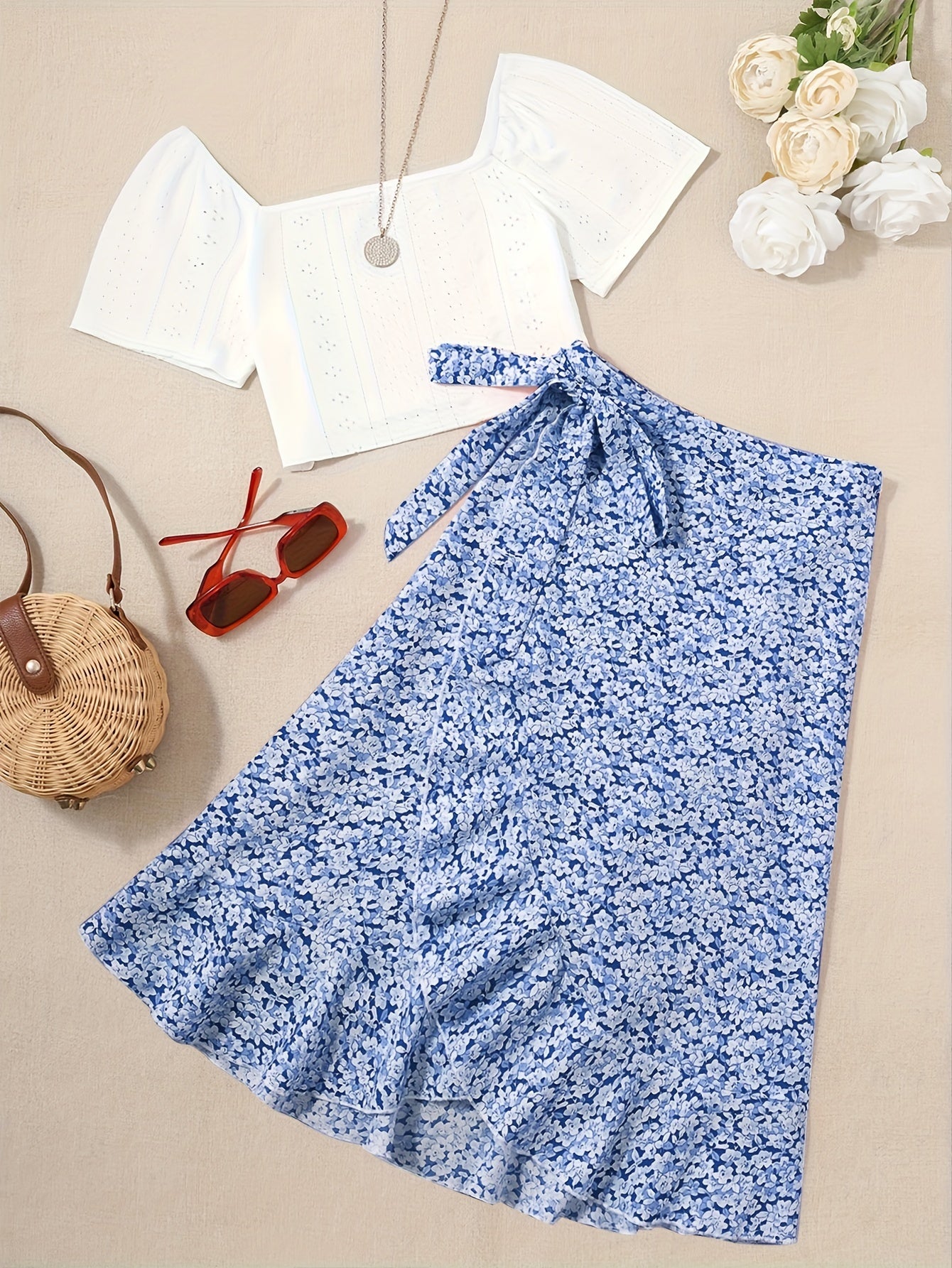 Vacation Ready - Chic Square Neck Crop Top & Adjustable Print Wrap Skirt Set - Flirty Short Sleeves, Womens Two-Piece Outfit