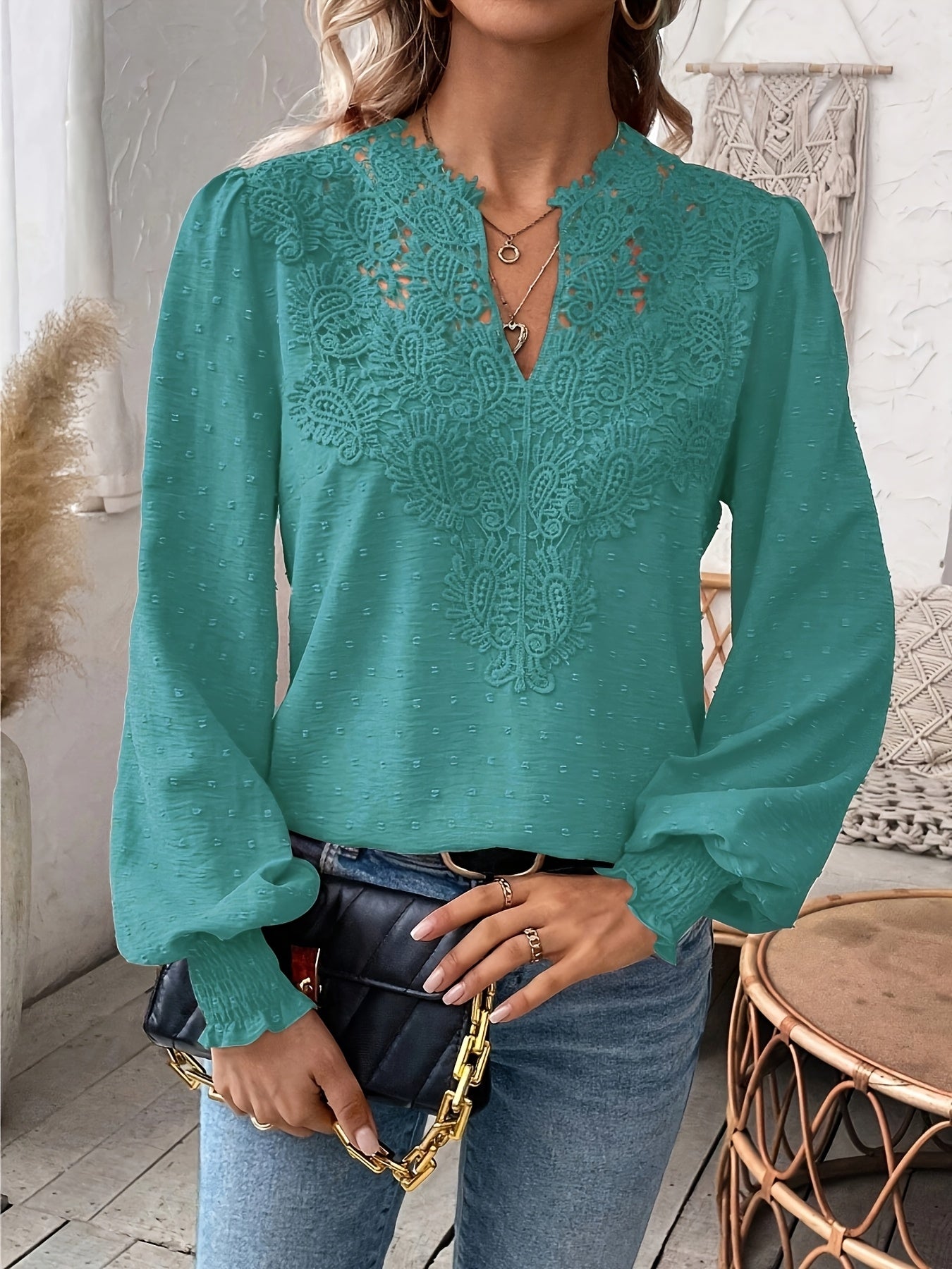 Stylish Plus Size Teal V-Neck Blouse with Lace Detailing - Lightweight Polyester Blend for Spring/Summer - Machine Washable Casual Shirt