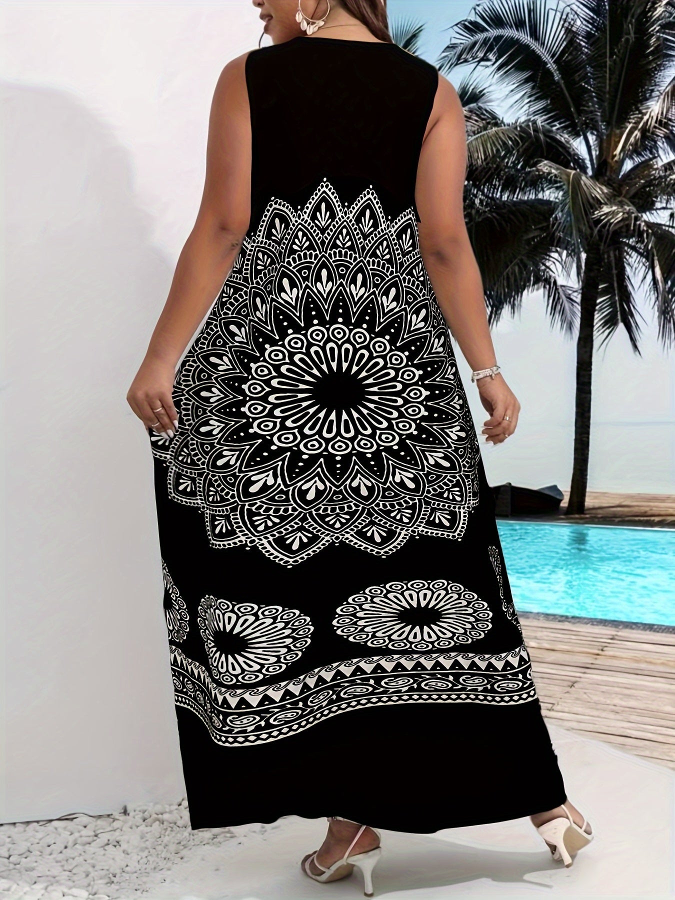 Mandala Floral Print Maxi Dress, Elegant Notched Neck Sleeveless Dress, Women's Clothing