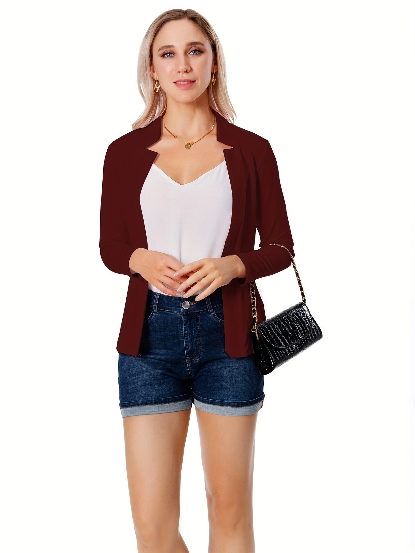 Solid Open Front Blazer, Casual Long Sleeve Blazer For Office & Work, Women's Clothing