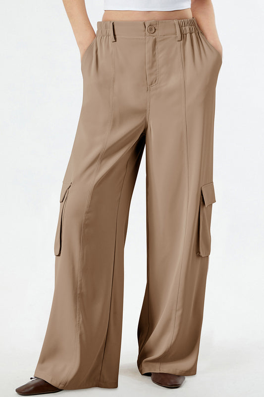 Camel Solid Color Elastic High Waist Loose Cargo Pants