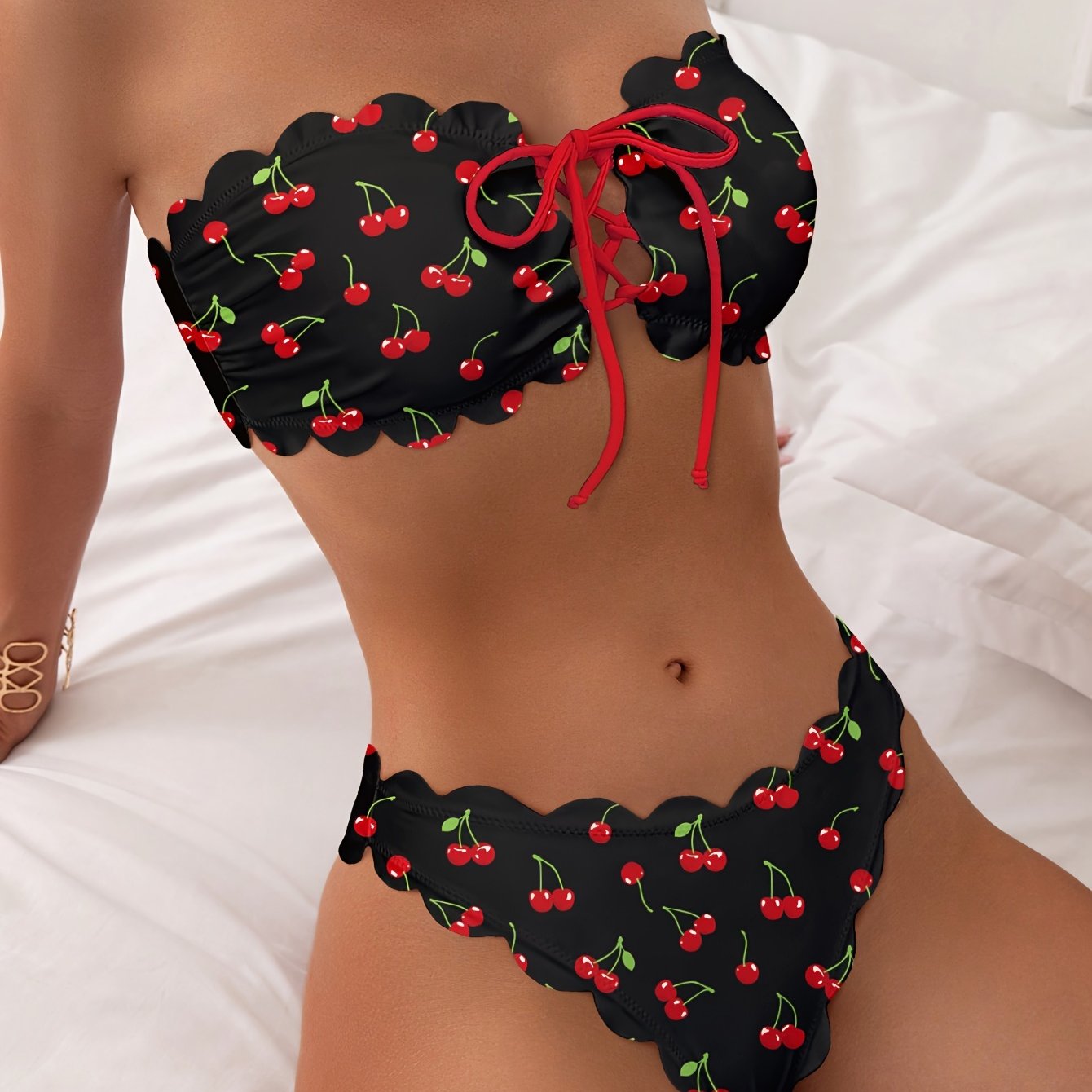 2 Piece Cherry Print Lace Up Scallop Trim Bandeau Strapless Bikini Set - High Stretch Polyester Swimsuit with Cross Strape, Random Fruit Print, and Hand Washable - Customized Knit Fabric Womens Swimwear