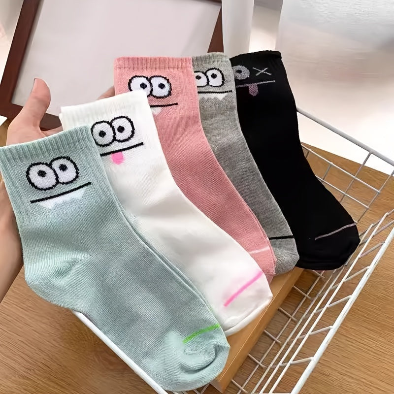 5 Pairs Funny Face Print Socks - Ultra-Soft and Breathable, Relaxed Fit, Mid-Calf Length - Designed for Women, Perfect for Stockings and Hosiery Lovers