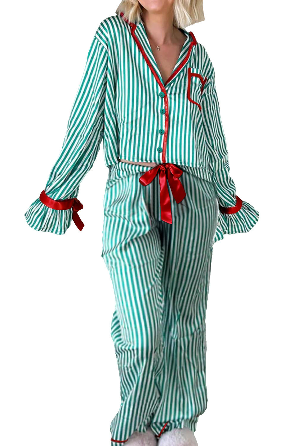 Green Stripe Contrast Velvet Trim Bow Knot Waist 2pcs Pajama Set