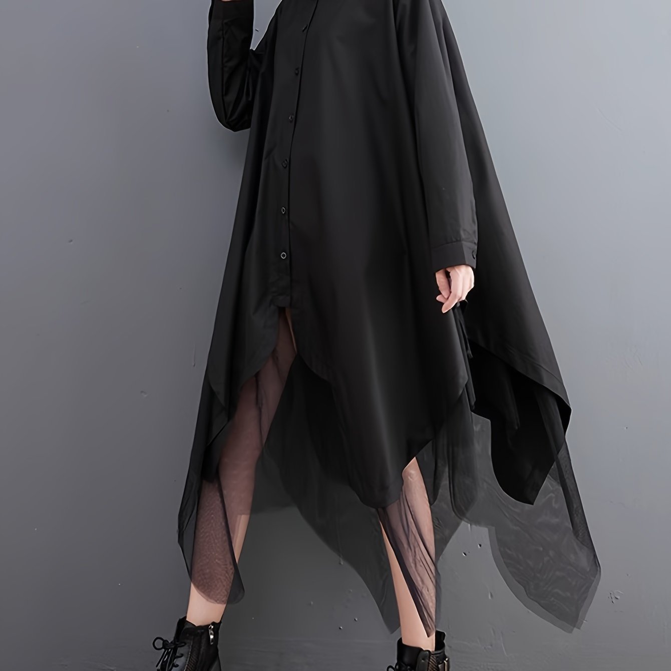 Asymmetric Hem Button Front Shirt, Stylish Long Sleeve Contrast Mesh Loose Blouse For Spring & Fall, Women's Clothing