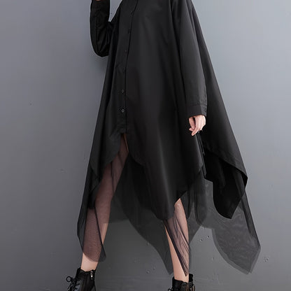 Asymmetric Hem Button Front Shirt, Stylish Long Sleeve Contrast Mesh Loose Blouse For Spring & Fall, Women's Clothing
