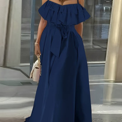 Vibrant Ruffle Trim Cami Dress - Sleeveless, Tie-Waist, Maxi Length, Flowy, Feminine, Summer Essential for Women - Perfect for Outdoor, Party, and Daily Wear