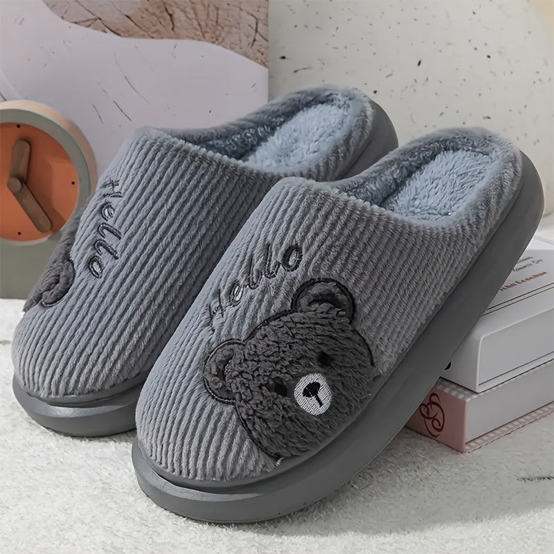 HOLLE Plush Fleece-Lined Winter Slippers with Cute Cartoon Bear Design - Soft EVA Sole Indoor House Shoes for Women & Men, Cozy Warm Indoor/Outdoor Footwear, Cute Slippers
